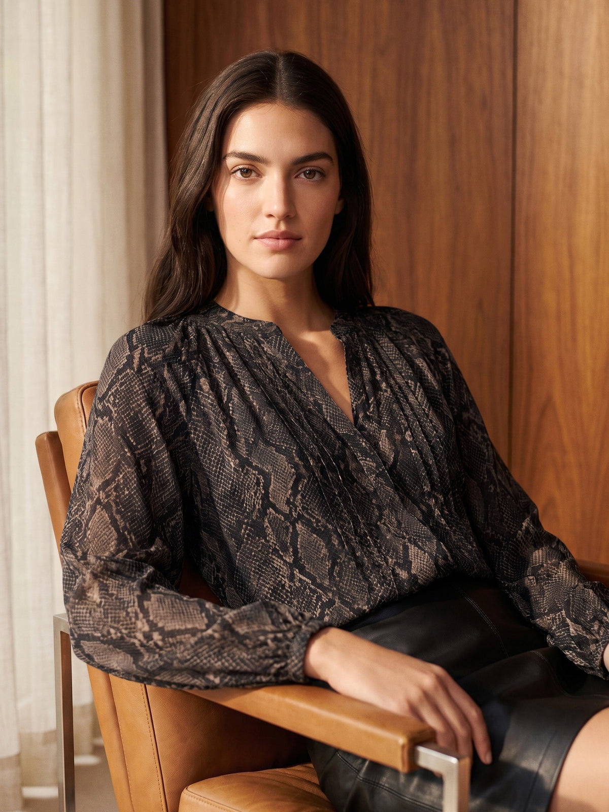 Printed Split-Neck Pintuck Blouse