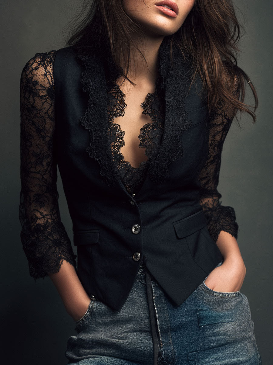Genevieve | Sheer-Sleeve Blazer