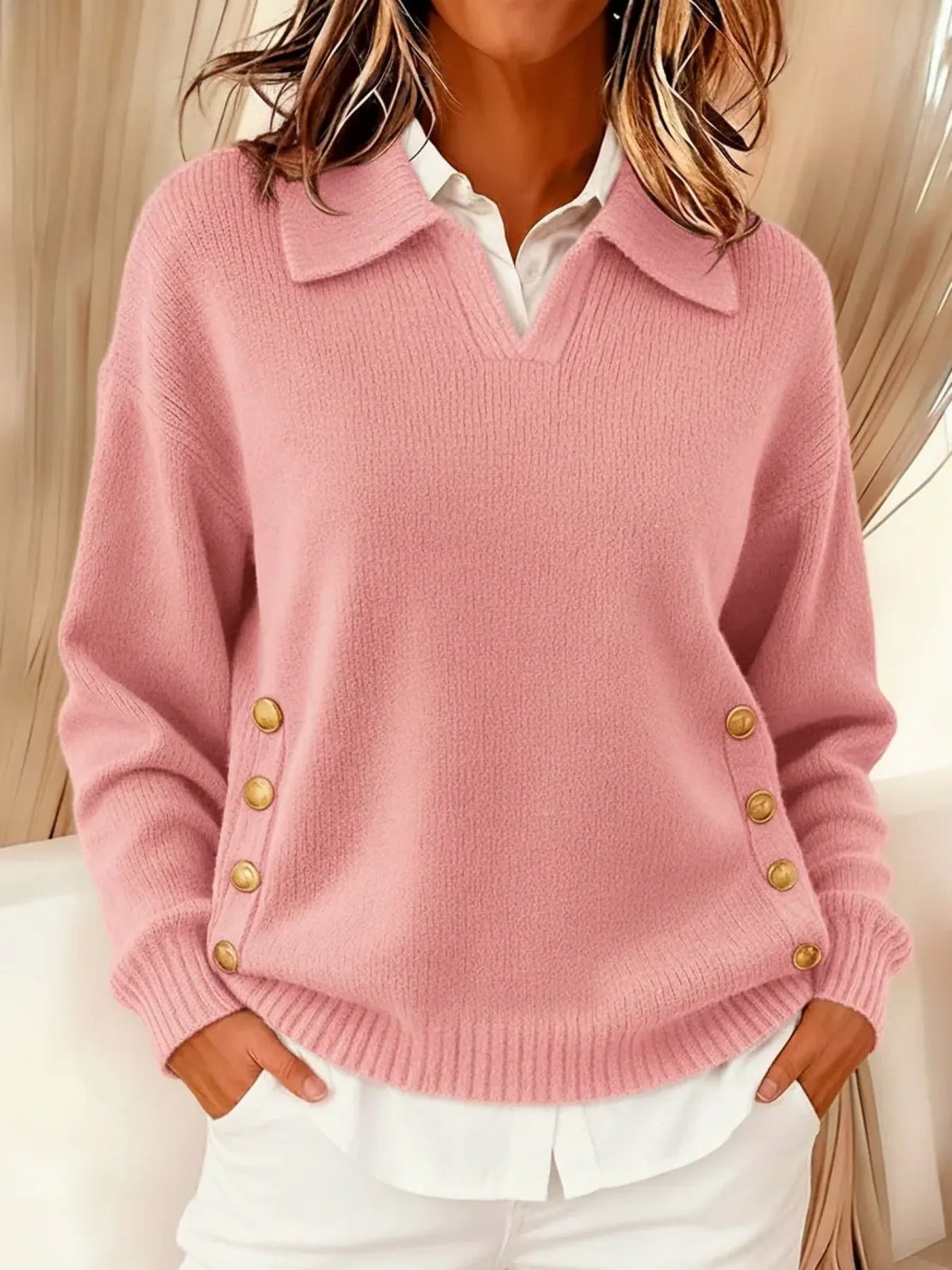 Vynette | Gold-Button V-Neck Sweater