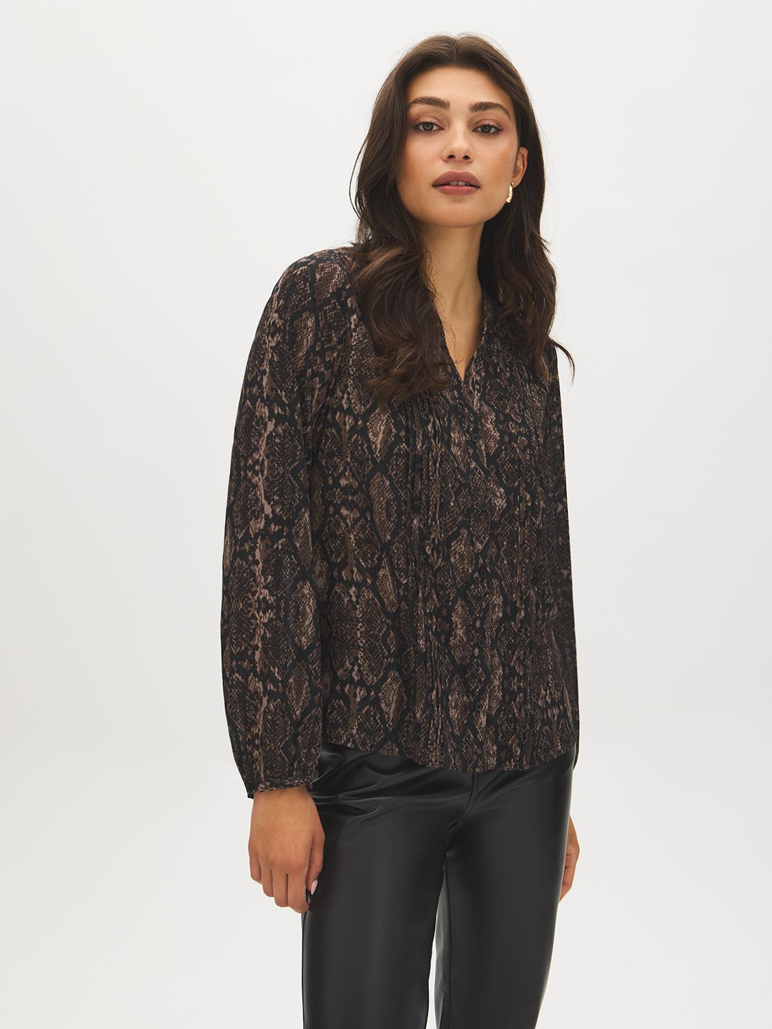 Printed Split-Neck Pintuck Blouse