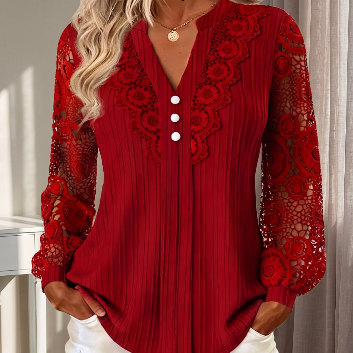 Adeline | Lace-Detail V-Neck Blouse