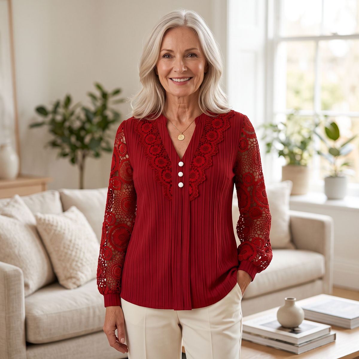 Adeline | Lace-Detail V-Neck Blouse