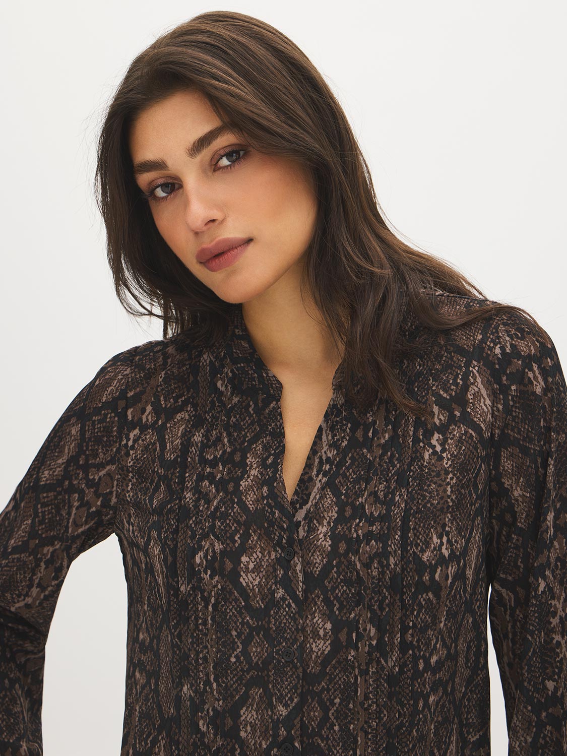 Printed Split-Neck Pintuck Blouse