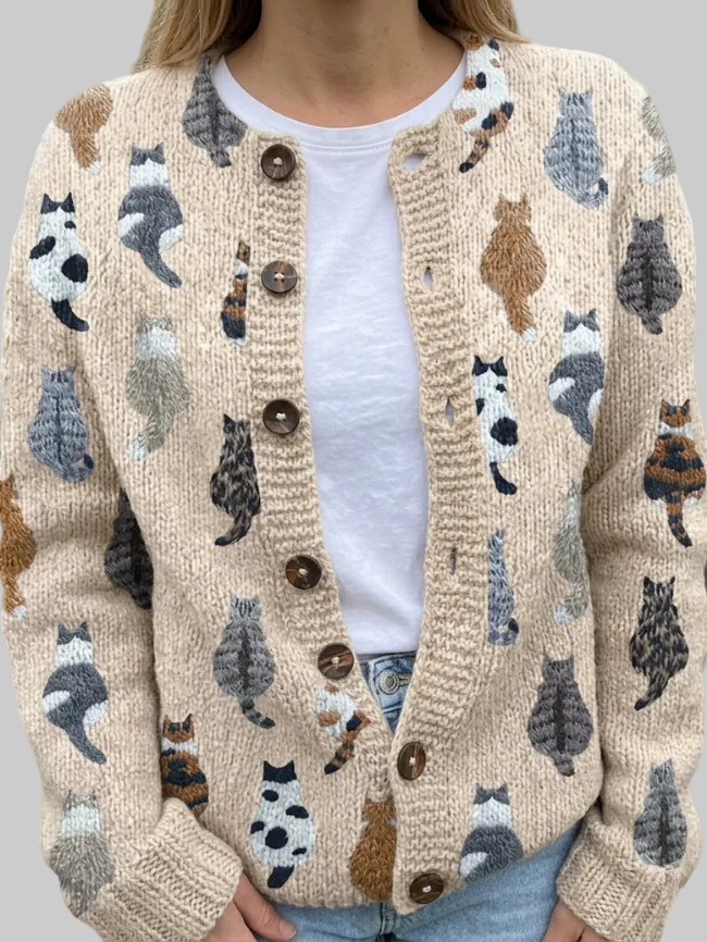 Mabel | Cat-Print Button Cardigan